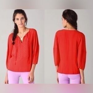 DIANE VON FURSTENBERG Sz 14 Iliana 3/4 Sleeves Ornate Slim Tie  Flowy Blouse